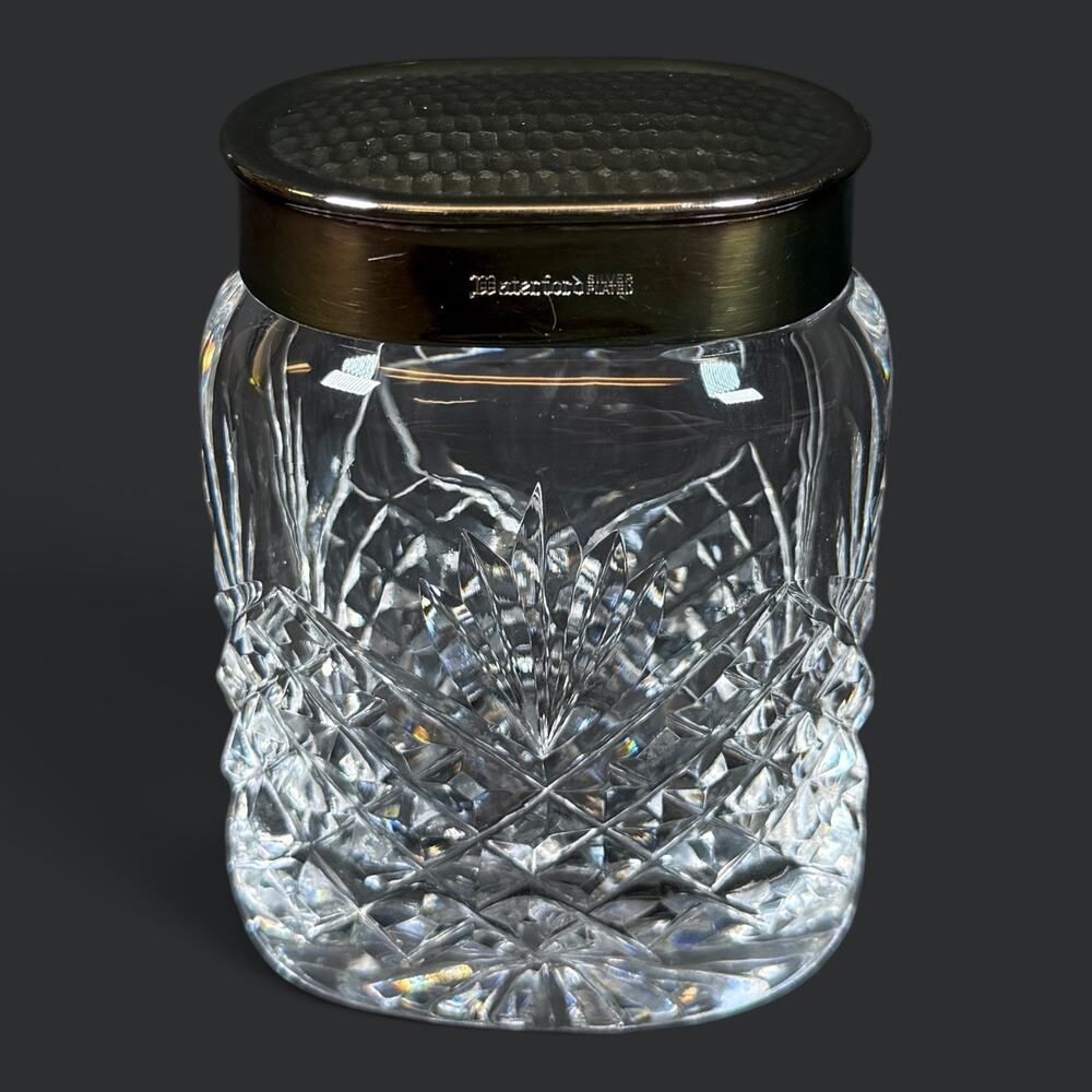 Waterford Crystal Cut Glass Jar Silver Plated Lid Diamond Pattern 3.5" Tall
